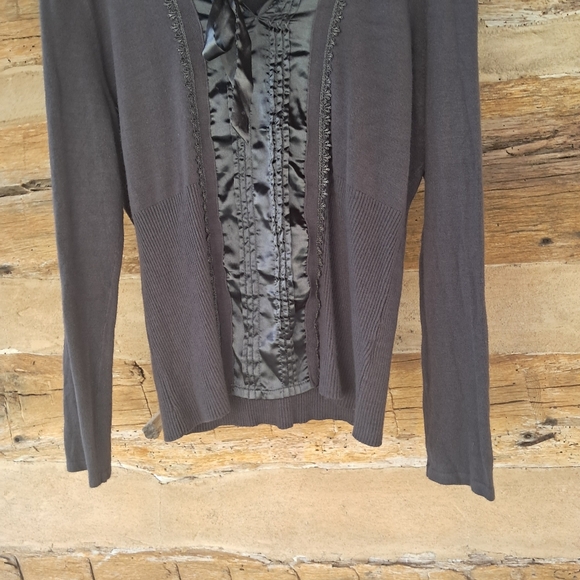 Cato Brown Satin Front Rayon & Nylon Split Neck Tie Sweater Size XL - Picture 3 of 9